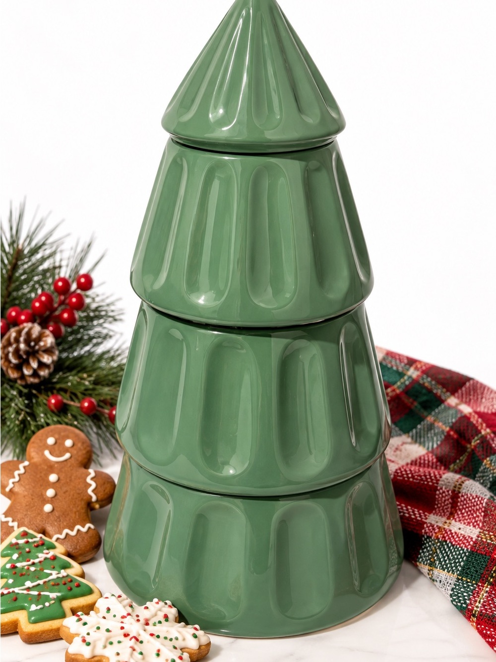 DesignPac Christmas Tree Cookie Jar Sage Green Ceramic Stacking 13” Holiday